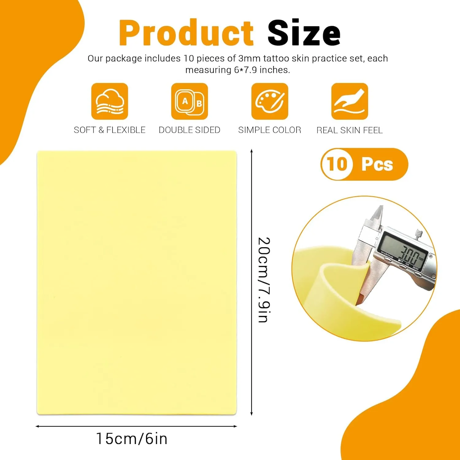 10 Pieces 0.3 cm Thick 6 x 8" Fake Skin, Double Sided Tattoo Practice Skins, Blank Tattoo Skin, Soft Synthetic Skin Supplies for Beginners Experienced Artists Esthetician (Yellow)
