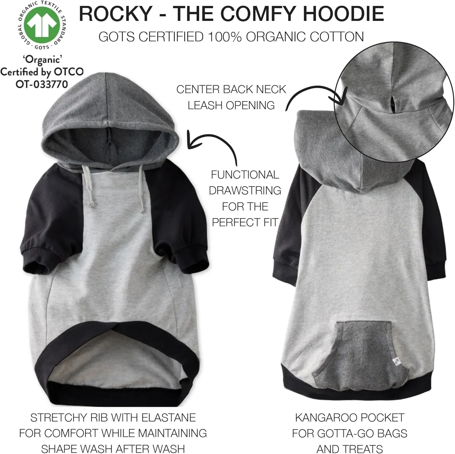 100% Organic Cotton Rocky - The Comfy Dog Hoodie Pet Coat for Small, Medium and Large Dogs, Heather Gray Color Block, Small