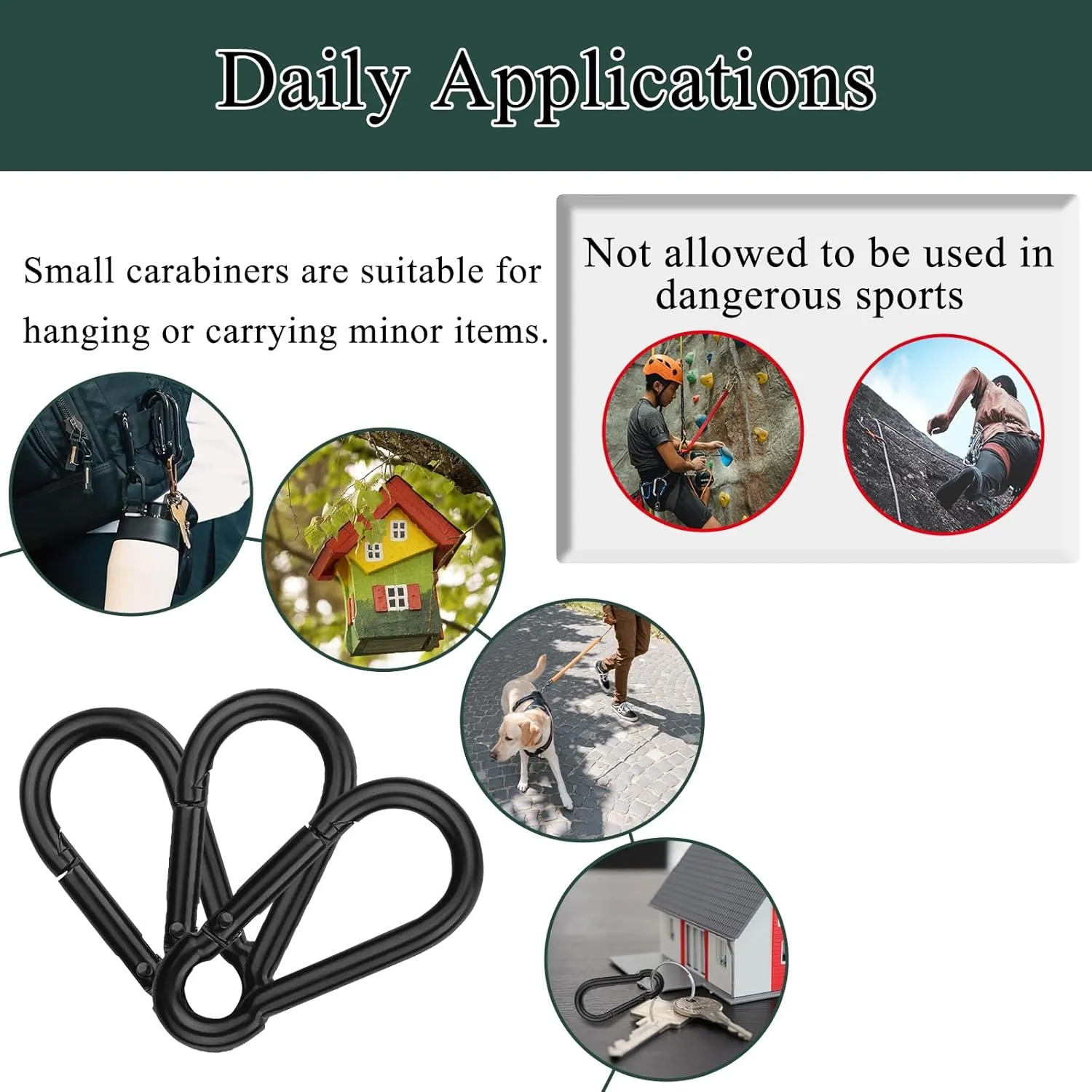 100Pcs Blcak M6 Spring Snap Hooks Carabiner, 2-3/8" Carabiner Clip, Heavy Duty Small Carabiner, 260LBS Holding Capacity Carbon Steel Snap Clip Hook for Swing Hammock Gym Outdoor Hiking Camping