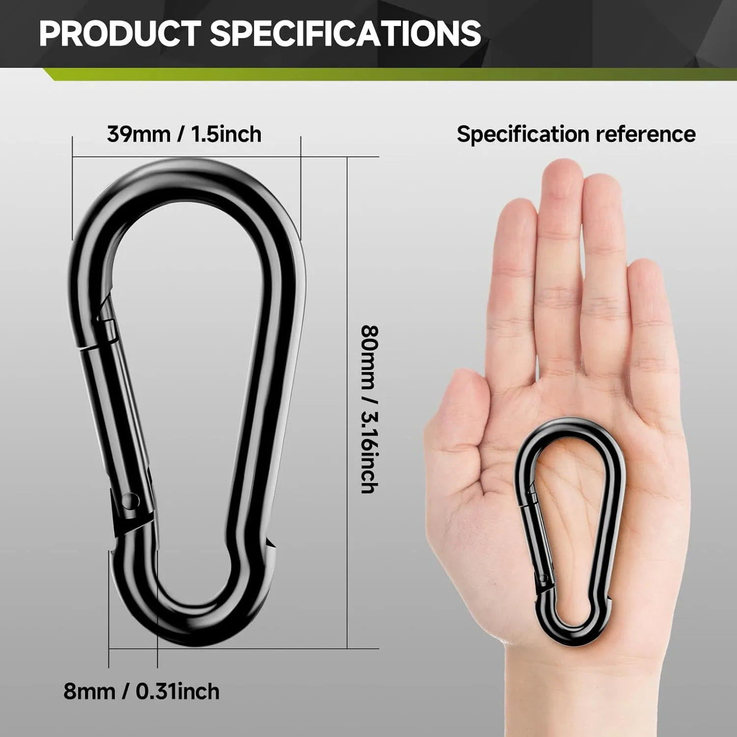 10Pcs Spring Snap Hooks, 3.16” Carabiner Clip, 500lbs Heavy Duty Rope Connector, Large Carabiners for Indoor & Outdoor, Hammock, Swing, Camping, Fishing, Hiking