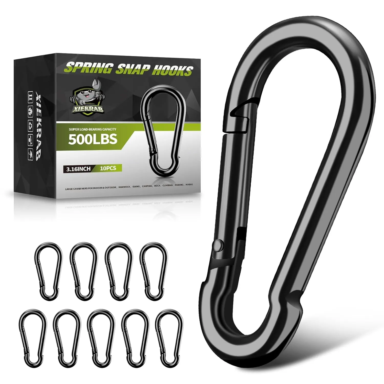 10Pcs Spring Snap Hooks, 3.16” Carabiner Clip, 500lbs Heavy Duty Rope Connector, Large Carabiners for Indoor & Outdoor, Hammock, Swing, Camping, Fishing, Hiking