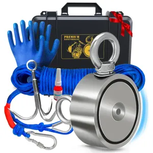 1200 LB Magnet Fishing Kit with Case - 2 Fishing Magnets in 1 (Double Sided Magnet) - with Grappling Hook, Heavy Duty 65FT Rope, Gloves, Carabiner and Foldable Bucket.
