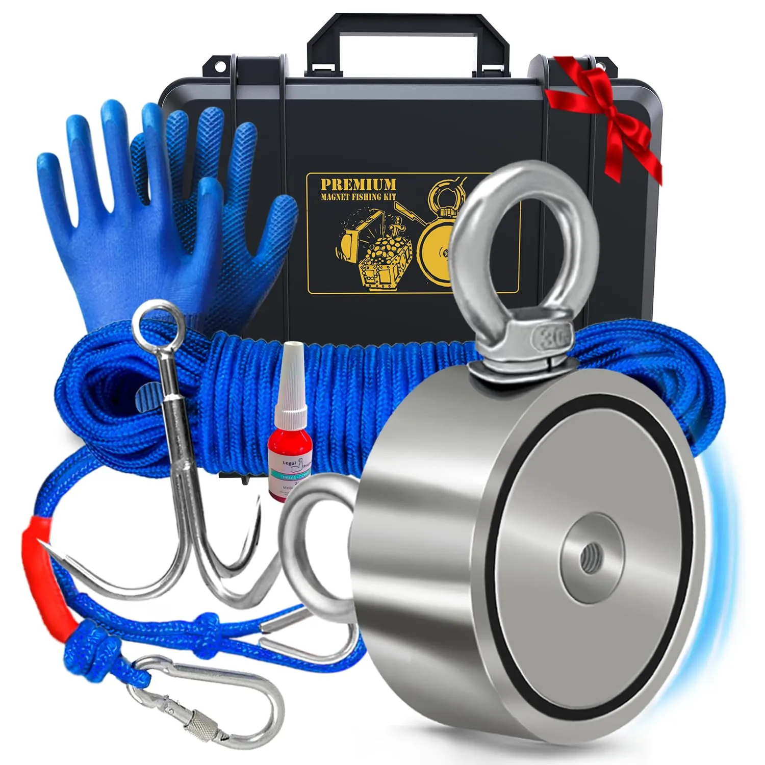 1200 LB Magnet Fishing Kit with Case - 2 Fishing Magnets in 1 (Double Sided Magnet) - with Grappling Hook, Heavy Duty 65FT Rope, Gloves, Carabiner and Foldable Bucket.