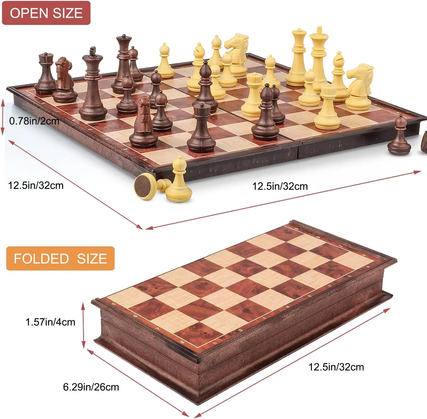 12.5" Magnetic 3-in-1 Large Travel Chess Checkers Backgammon Set - Foldable and Portable Board Game with Premium Chess Pieces for Adults and Kids
