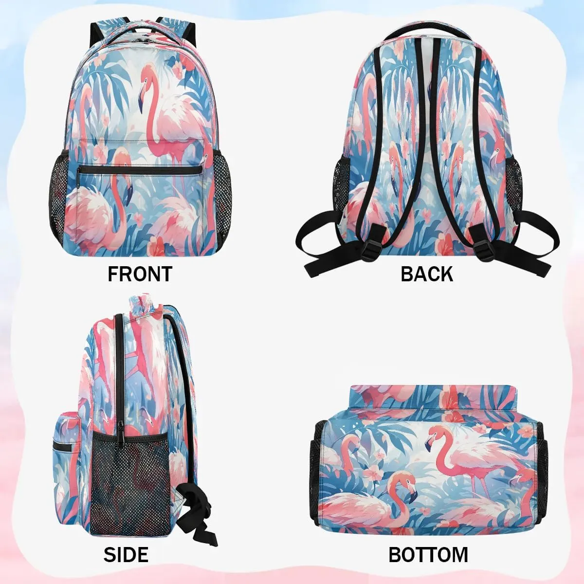 16 Inch Backpack Animal Flamingo Leaf Waterproof Lightweight Travel Back Pack Adjustable Casual Rucksack For Men Women Daypack Fits Travel Outdoor Sport Work Hiking Gym Gifts