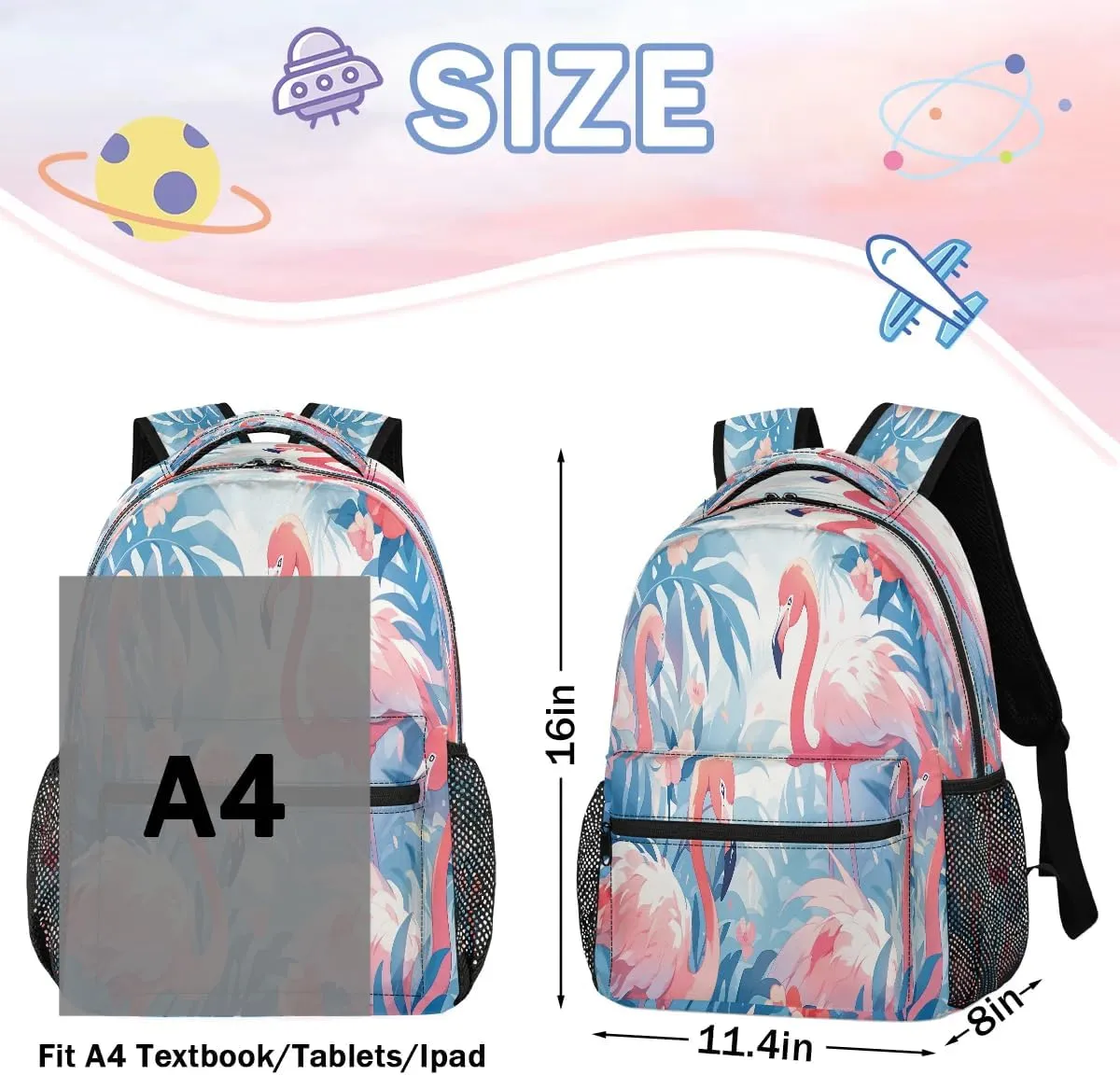 16 Inch Backpack Animal Flamingo Leaf Waterproof Lightweight Travel Back Pack Adjustable Casual Rucksack For Men Women Daypack Fits Travel Outdoor Sport Work Hiking Gym Gifts