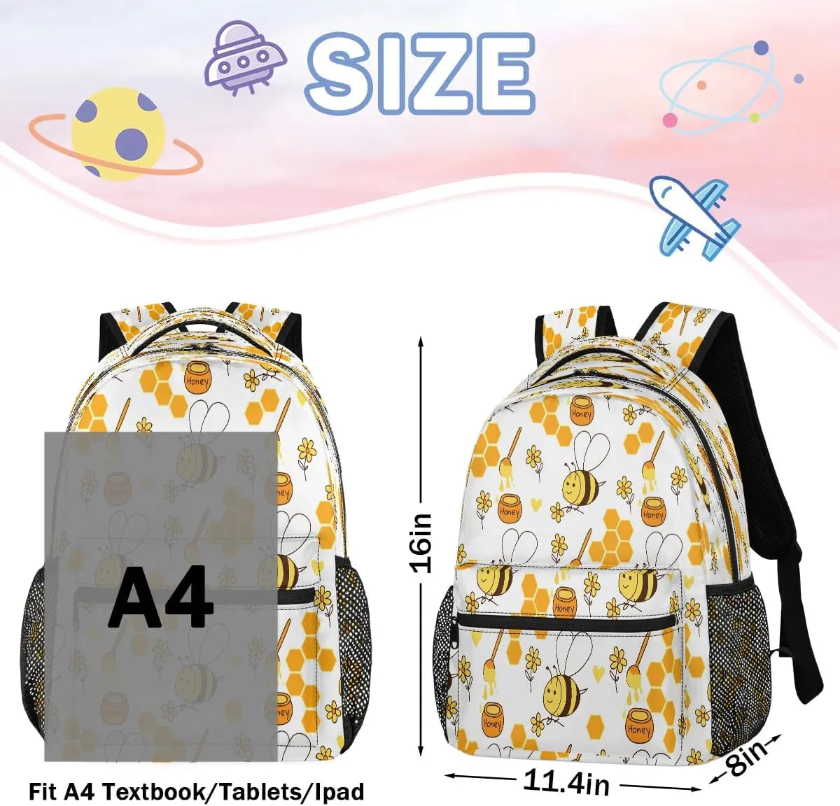 16 Inch Backpack Bee Honey Animal Cute Waterproof Lightweight Travel Back Pack Adjustable Casual Rucksack For Men Women Daypack Fits Travel Outdoor Sport Work Hiking Gym Gifts