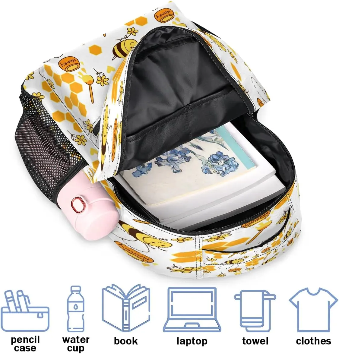 16 Inch Backpack Bee Honey Animal Cute Waterproof Lightweight Travel Back Pack Adjustable Casual Rucksack For Men Women Daypack Fits Travel Outdoor Sport Work Hiking Gym Gifts