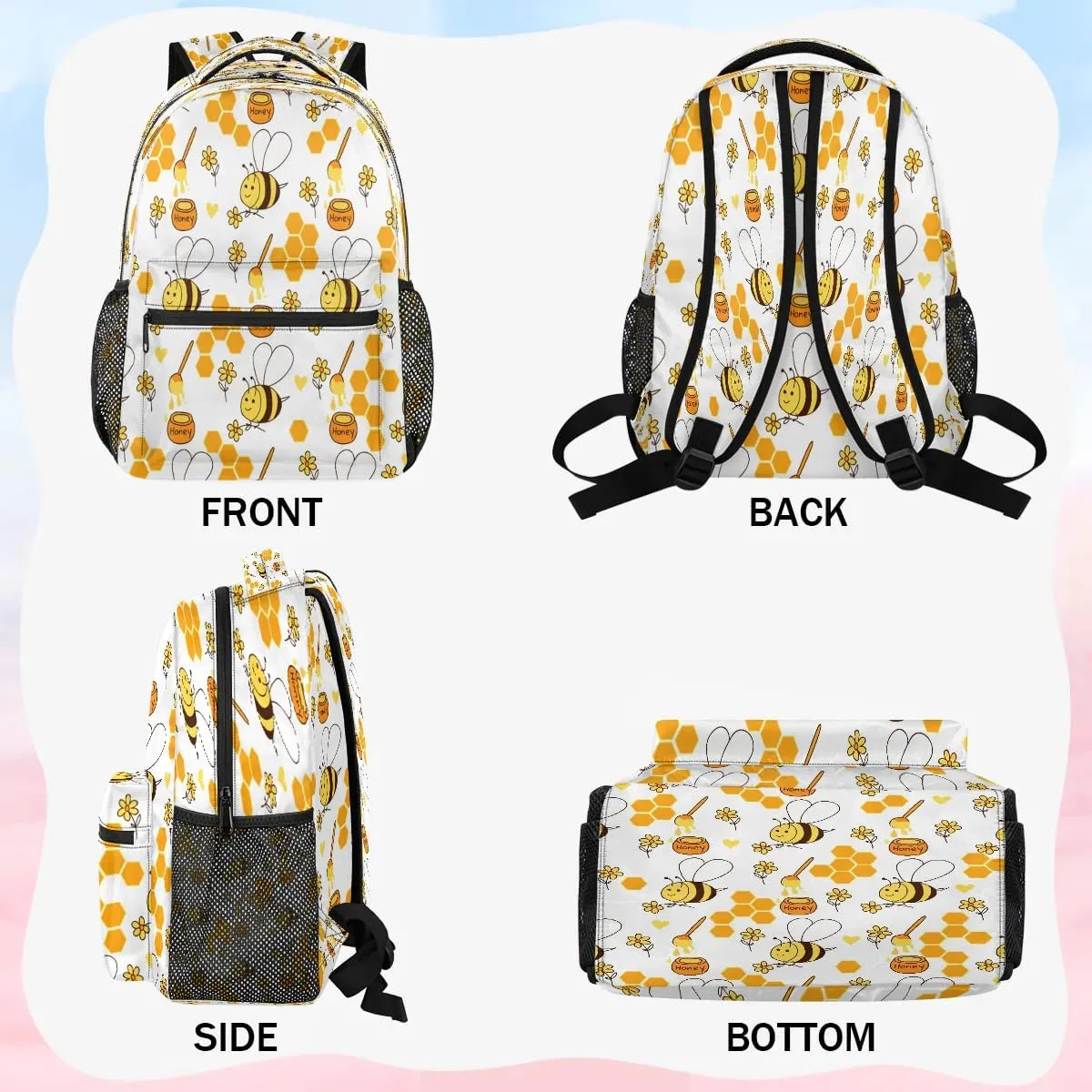 16 Inch Backpack Bee Honey Animal Cute Waterproof Lightweight Travel Back Pack Adjustable Casual Rucksack For Men Women Daypack Fits Travel Outdoor Sport Work Hiking Gym Gifts