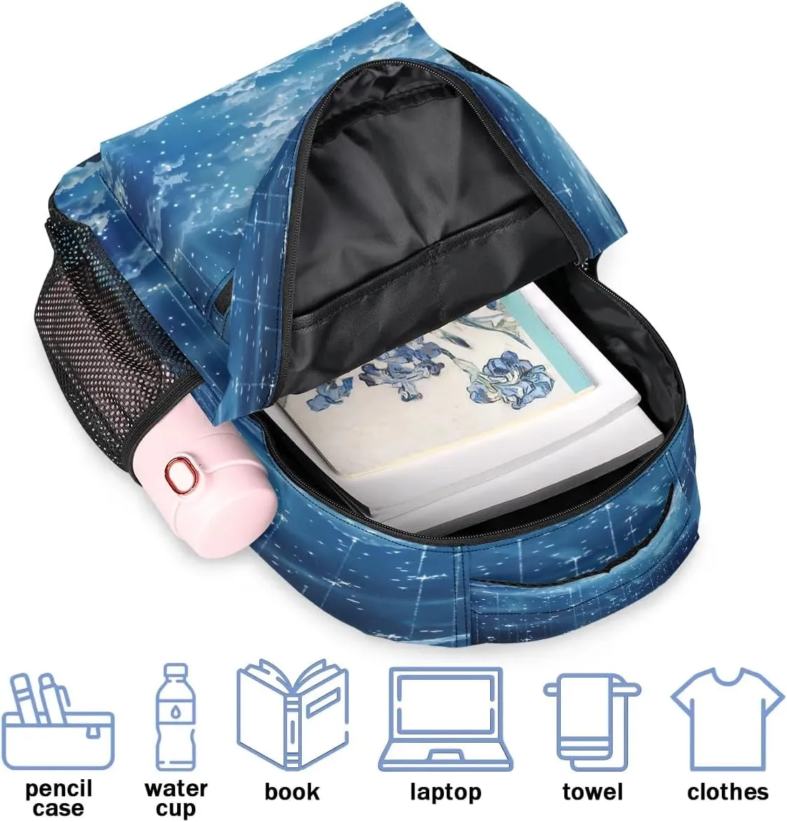16 Inch Backpack Starry Sky Galaxy Moon Waterproof Lightweight Travel Back Pack Adjustable Casual Rucksack For Men Women Daypack Fits Travel Outdoor Sport Work Hiking Gym Gifts