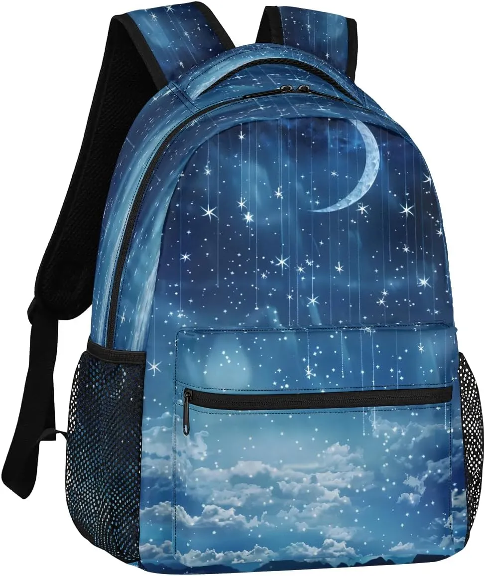 16 Inch Backpack Starry Sky Galaxy Moon Waterproof Lightweight Travel Back Pack Adjustable Casual Rucksack For Men Women Daypack Fits Travel Outdoor Sport Work Hiking Gym Gifts