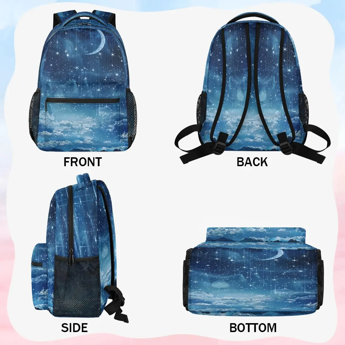 16 Inch Backpack Starry Sky Galaxy Moon Waterproof Lightweight Travel Back Pack Adjustable Casual Rucksack For Men Women Daypack Fits Travel Outdoor Sport Work Hiking Gym Gifts
