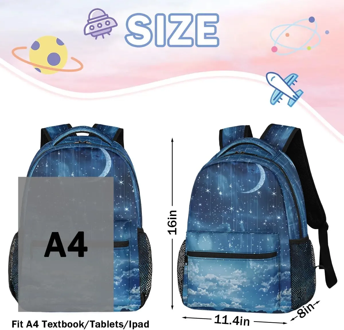 16 Inch Backpack Starry Sky Galaxy Moon Waterproof Lightweight Travel Back Pack Adjustable Casual Rucksack For Men Women Daypack Fits Travel Outdoor Sport Work Hiking Gym Gifts