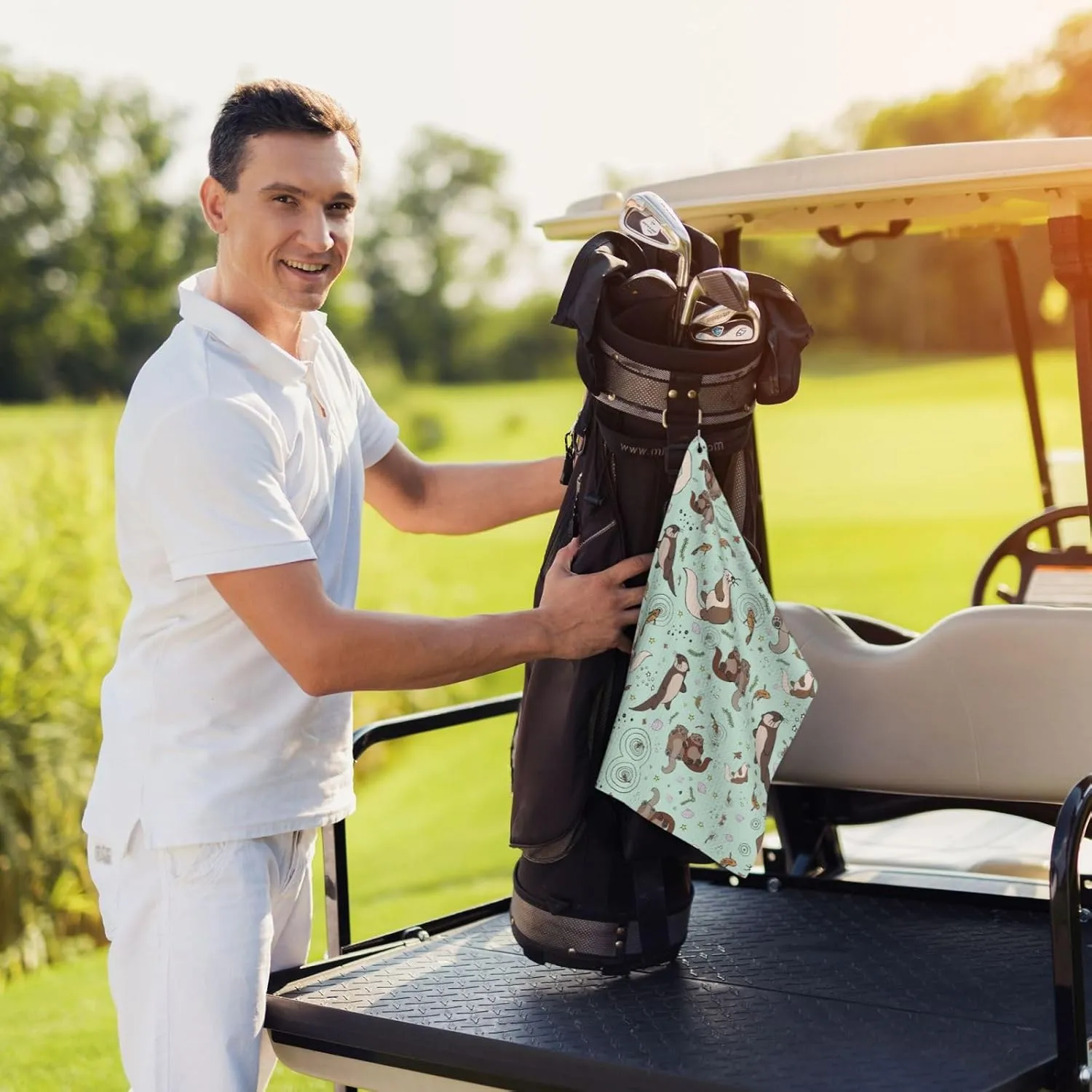 16" x 24" Otters Golf Towels, Premium Microfiber Fabric Waffle Pattern with Heavy Duty Carabiner Clip