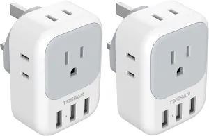 2 Pack US to UK Plug Adapter, TESSAN Ireland Scotland Type G Power Adapter, 4 American Outlets 3 USB, Travel Adaptor Converter for USA to England London British Hong Kong Irish Kenya Dubai Qatar