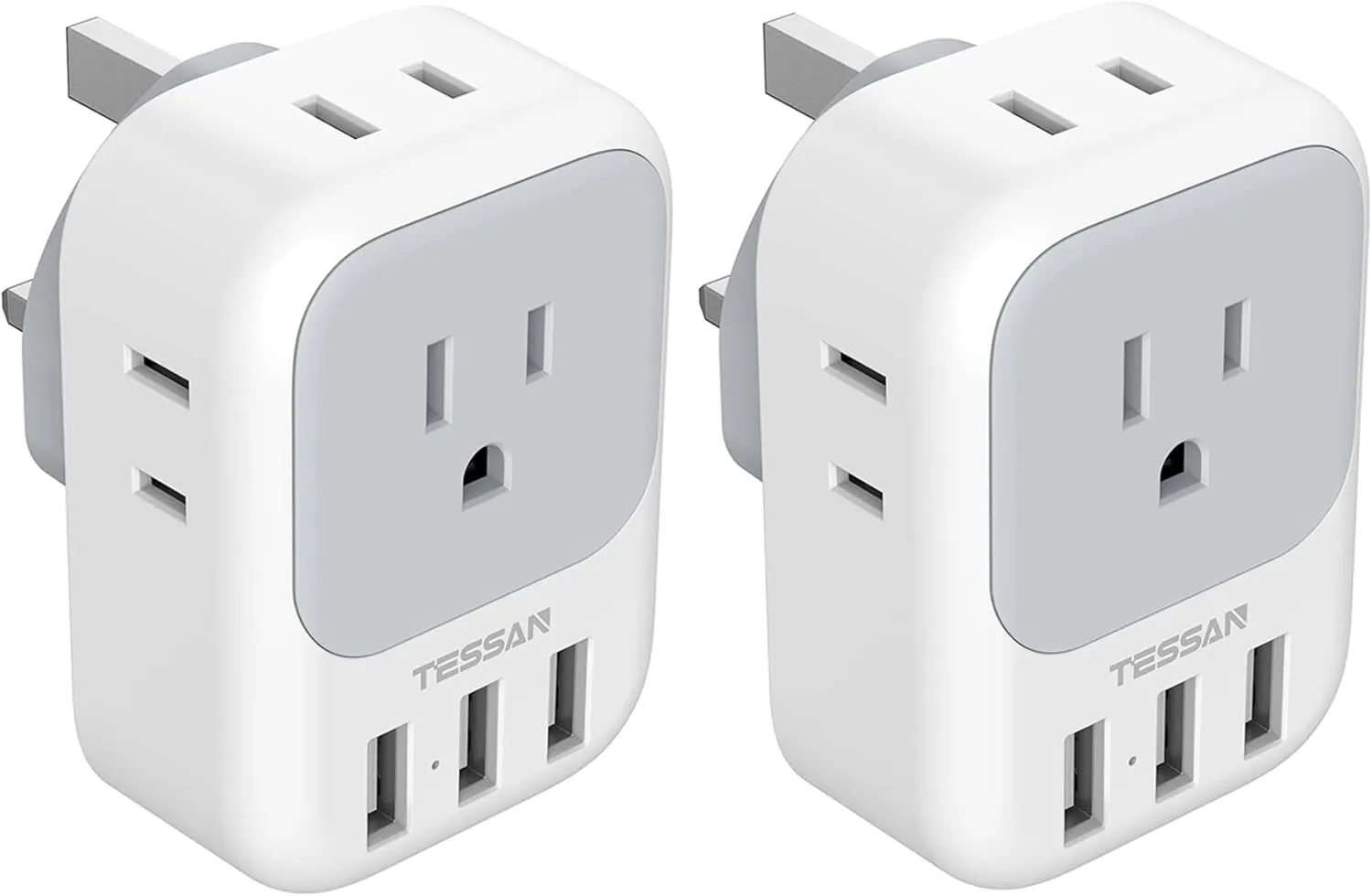 2 Pack US to UK Plug Adapter, TESSAN Ireland Scotland Type G Power Adapter, 4 American Outlets 3 USB, Travel Adaptor Converter for USA to England London British Hong Kong Irish Kenya Dubai Qatar