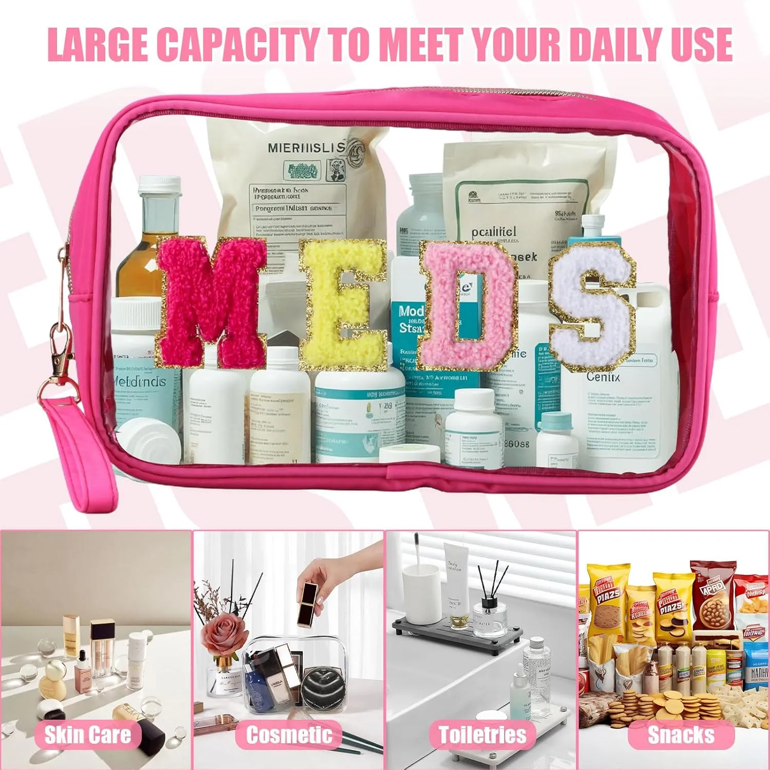 2 Pcs Medicine Chenille Letter Preppy Clear Makeup Meds Bag for Travel - Nylon & PVC Transparent Cosmetic Toiletry Storage for Women Girls - Rose Red