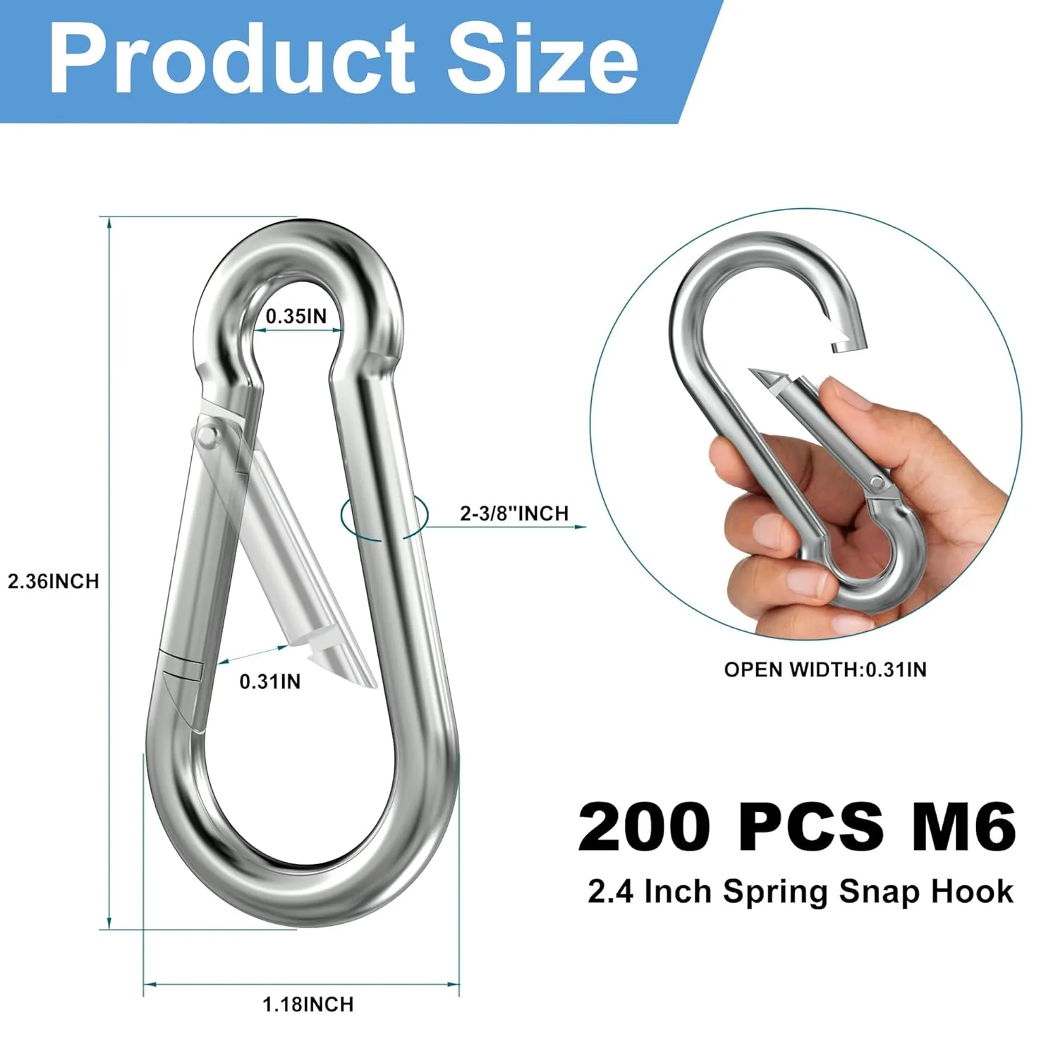 200PCS 2.4" Spring Snap Hook Carabiners, M6 x 2-3/8 Inch Heavy Duty Carabiner Clip Galvanized Steel Quick Link Snap Hook, 260LBS Holding Capacity for Swing, Hammock, Hiking, Gym, Travel Camping