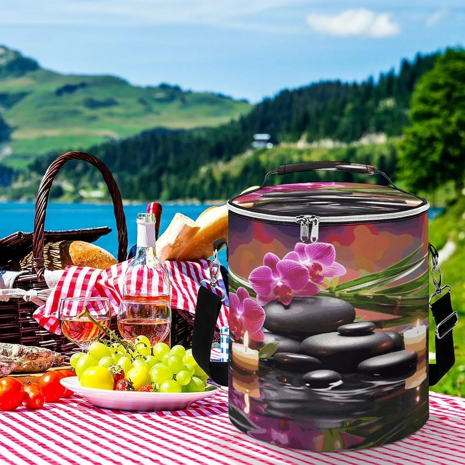 24 Cans Collapsible Soft Cooler Bag,Flowers in Fountain Massage Stones And Bamboo Large Leakproof Camping Cooler,Portable Travel Cooler for Picnic, Camping, Beach, Trip