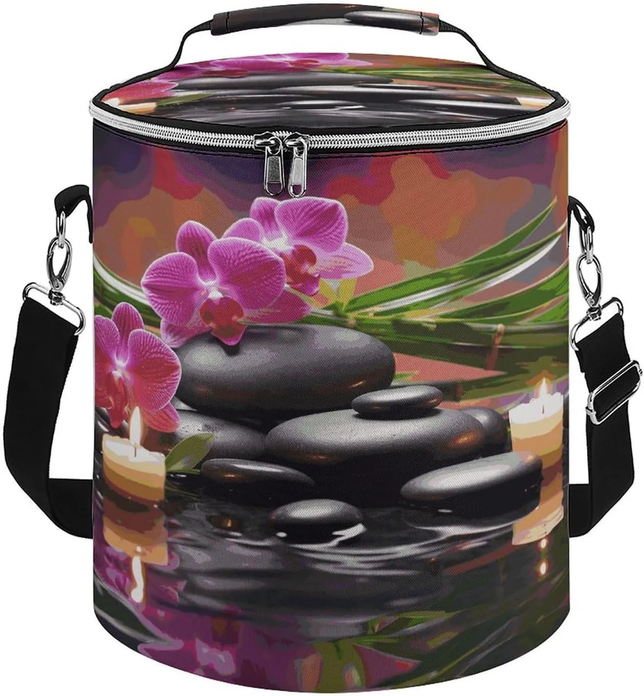 24 Cans Collapsible Soft Cooler Bag,Flowers in Fountain Massage Stones And Bamboo Large Leakproof Camping Cooler,Portable Travel Cooler for Picnic, Camping, Beach, Trip