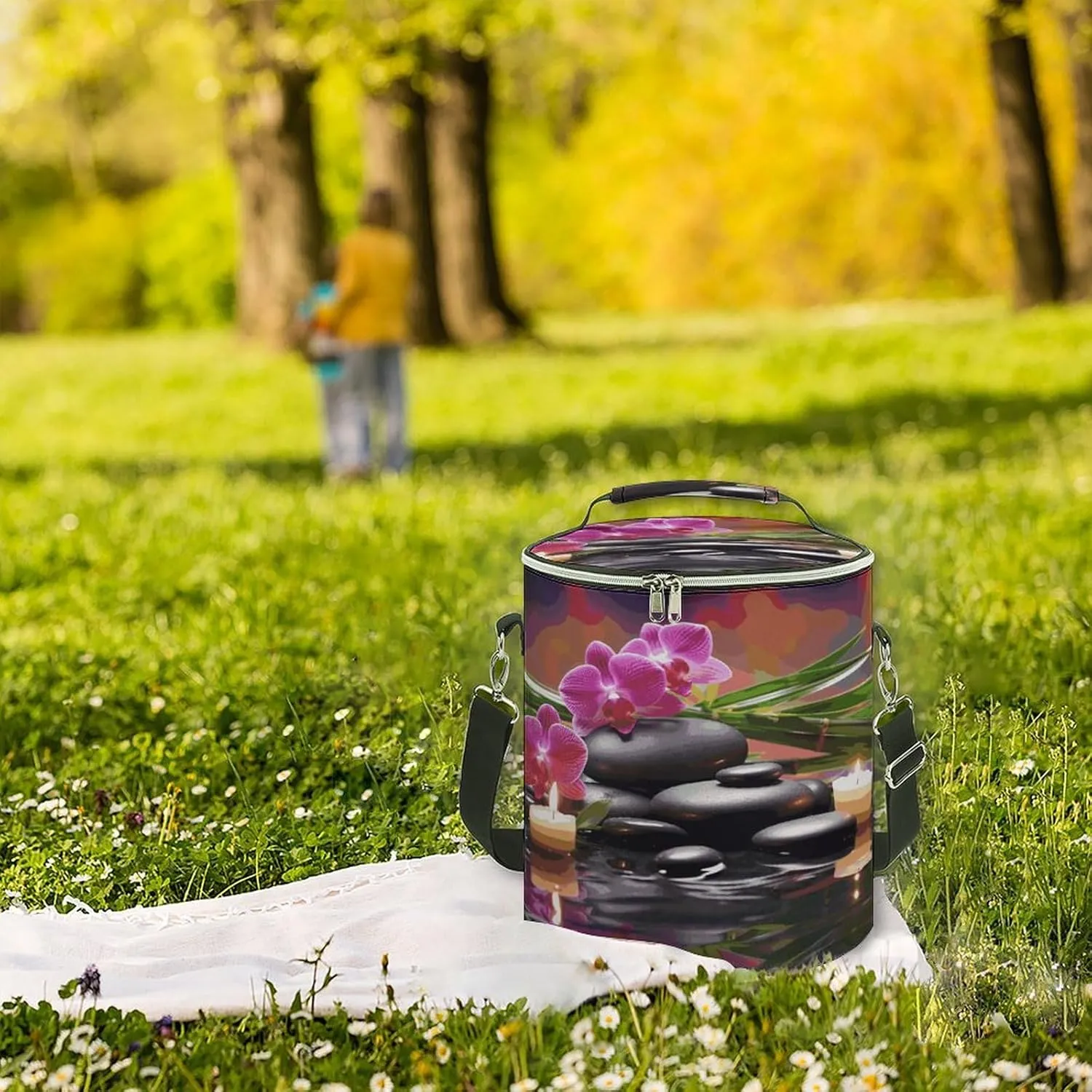 24 Cans Collapsible Soft Cooler Bag,Flowers in Fountain Massage Stones And Bamboo Large Leakproof Camping Cooler,Portable Travel Cooler for Picnic, Camping, Beach, Trip