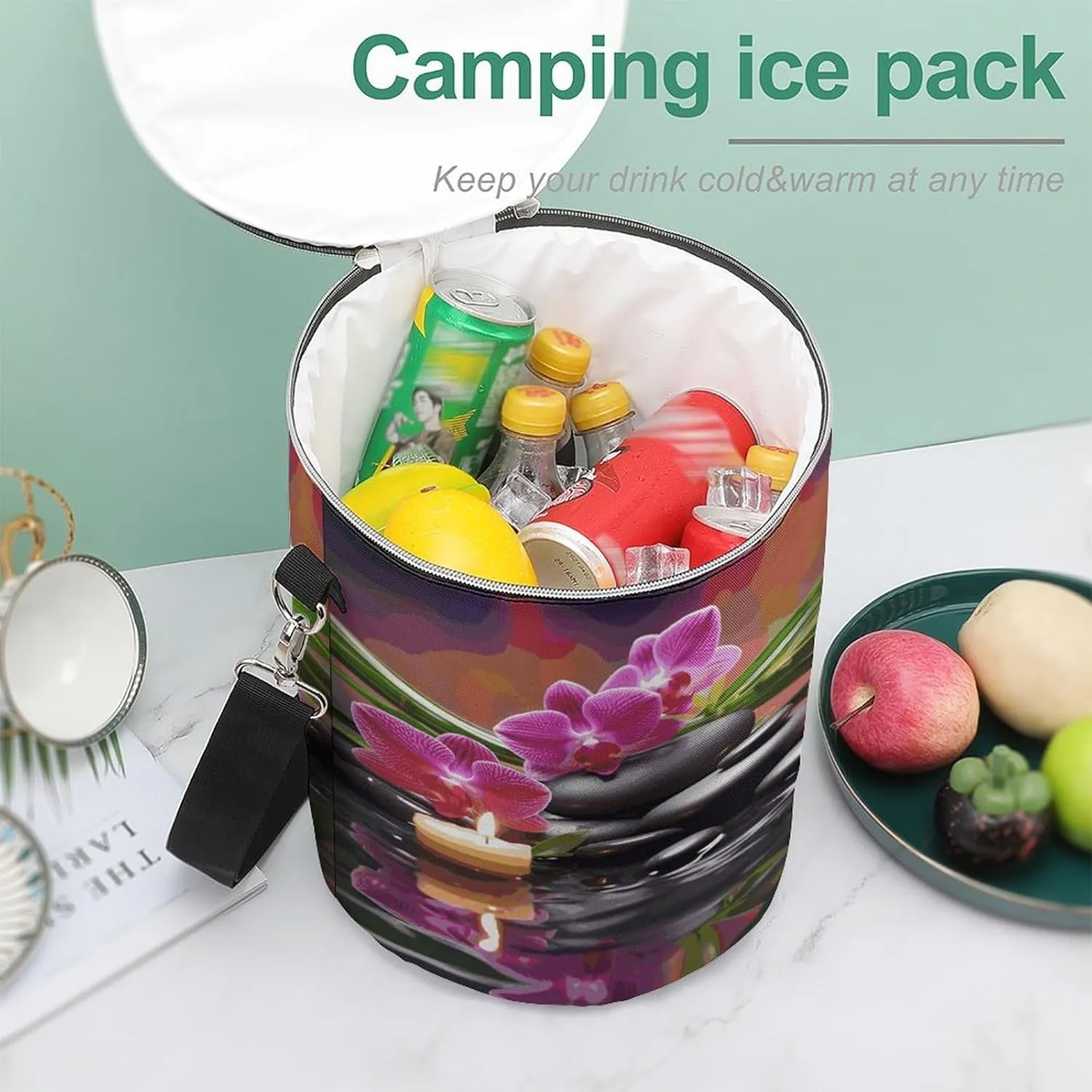 24 Cans Collapsible Soft Cooler Bag,Flowers in Fountain Massage Stones And Bamboo Large Leakproof Camping Cooler,Portable Travel Cooler for Picnic, Camping, Beach, Trip