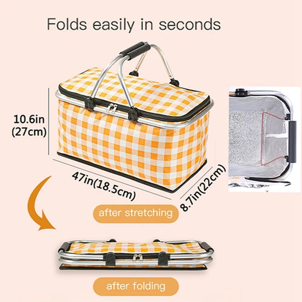 28L and 36L Picnic Basket with 7.9x7.9in Blanket for 4-6, Insulated Grocery Collapsible Cooler Bags for Travel, Camping Gear and Accessories Set Supplies, Tailgating Essentials,Summer Gift, Large