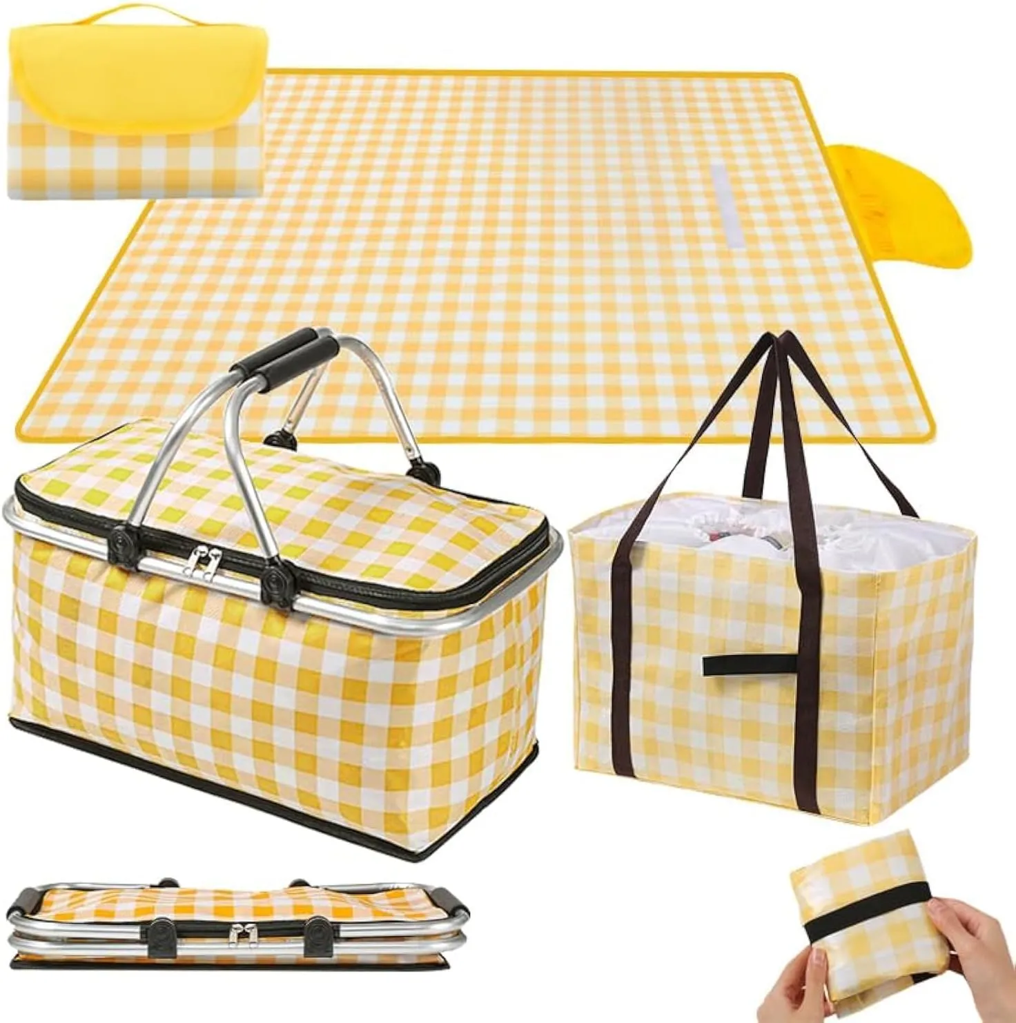 28L and 36L Picnic Basket with 7.9x7.9in Blanket for 4-6, Insulated Grocery Collapsible Cooler Bags for Travel, Camping Gear and Accessories Set Supplies, Tailgating Essentials,Summer Gift, Large