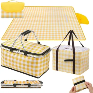 28L and 36L Picnic Basket with 7.9x7.9in Blanket for 4-6, Insulated Grocery Collapsible Cooler Bags for Travel, Camping Gear and Accessories Set Supplies, Tailgating Essentials,Summer Gift, Large