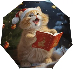 3 Fold Manual Umbrella,Cute Cat Sing Christmas Carols Print Folding Umbrella,Portable Travel Umbrella,Windproof Travel Umbrella with Cover Bag