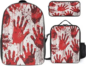 3 in 1 Backpack Set Bloody Handprints Print Casual Backpack Set Small Cosmetic Bag Travel Daypack Crossbody Lunch Bag Coin Purse Set