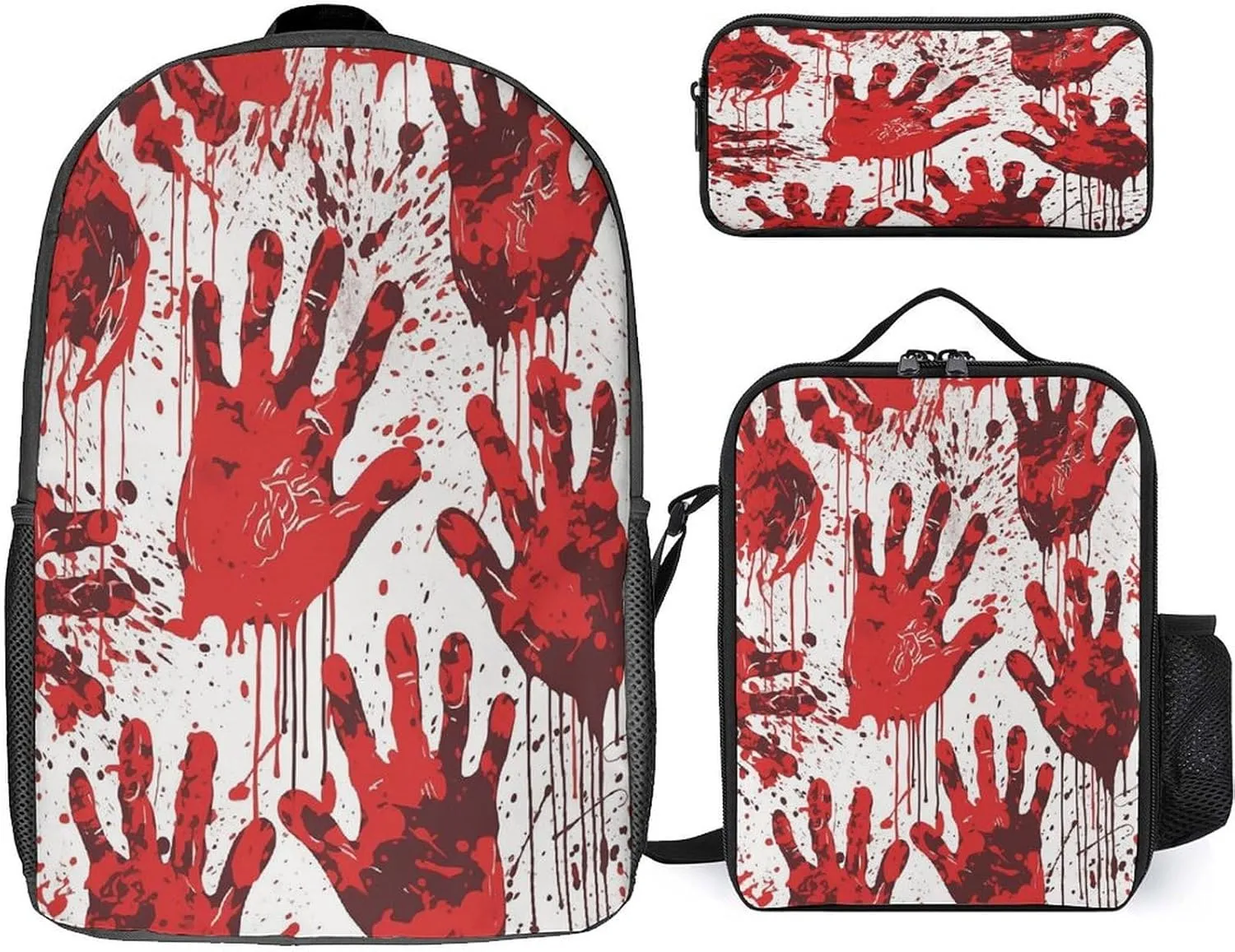 3 in 1 Backpack Set Bloody Handprints Print Casual Backpack Set Small Cosmetic Bag Travel Daypack Crossbody Lunch Bag Coin Purse Set