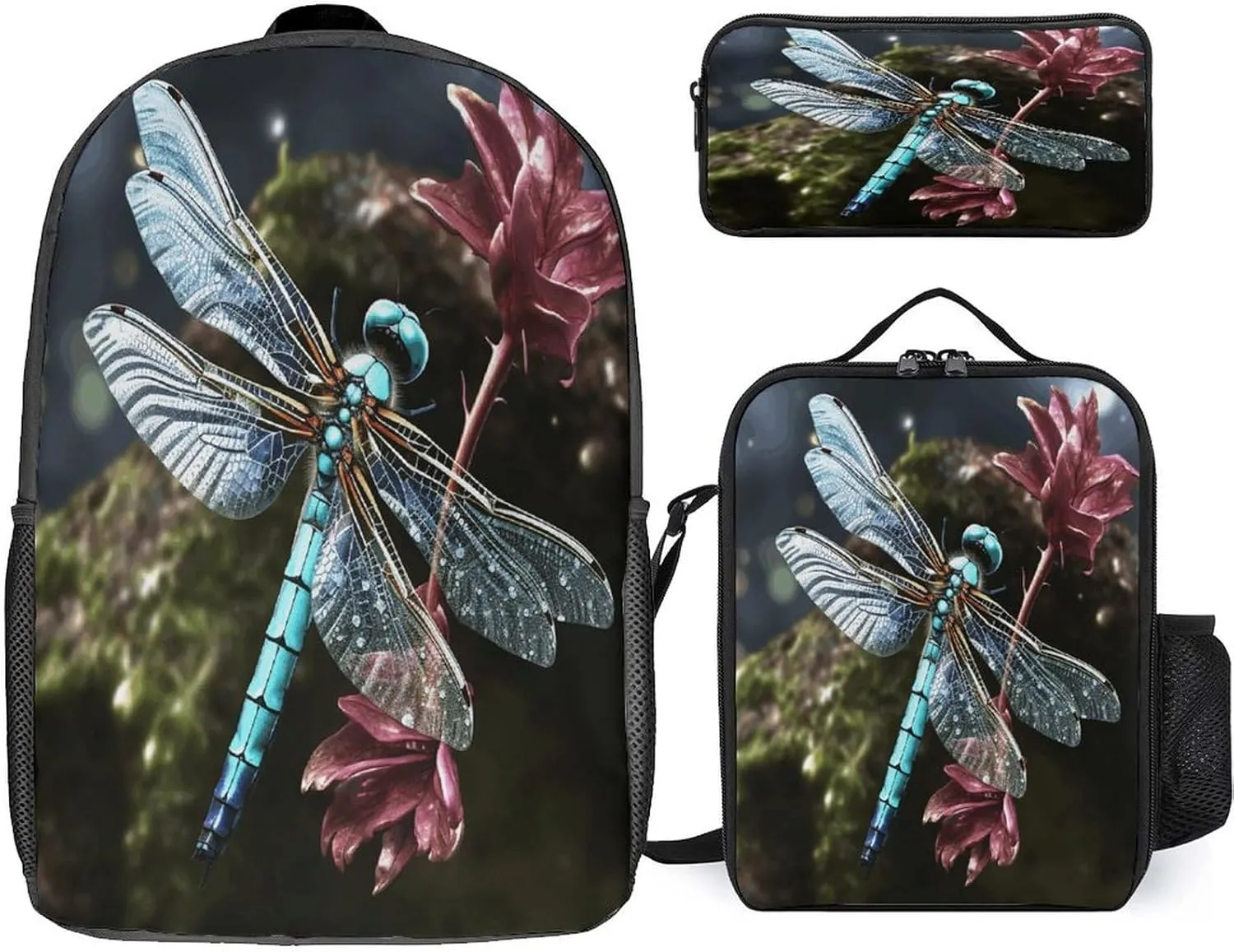 3 in 1 Backpack Set Blue Dragonfly Print Casual Backpack Set Small Cosmetic Bag Travel Daypack Crossbody Lunch Bag Coin Purse Set