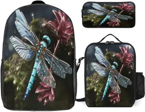 3 in 1 Backpack Set Blue Dragonfly Print Casual Backpack Set Small Cosmetic Bag Travel Daypack Crossbody Lunch Bag Coin Purse Set