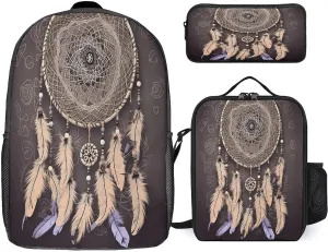3 in 1 Backpack Set Dream Catcher Print Casual Backpack Set Small Cosmetic Bag Travel Daypack Crossbody Lunch Bag Coin Purse Set
