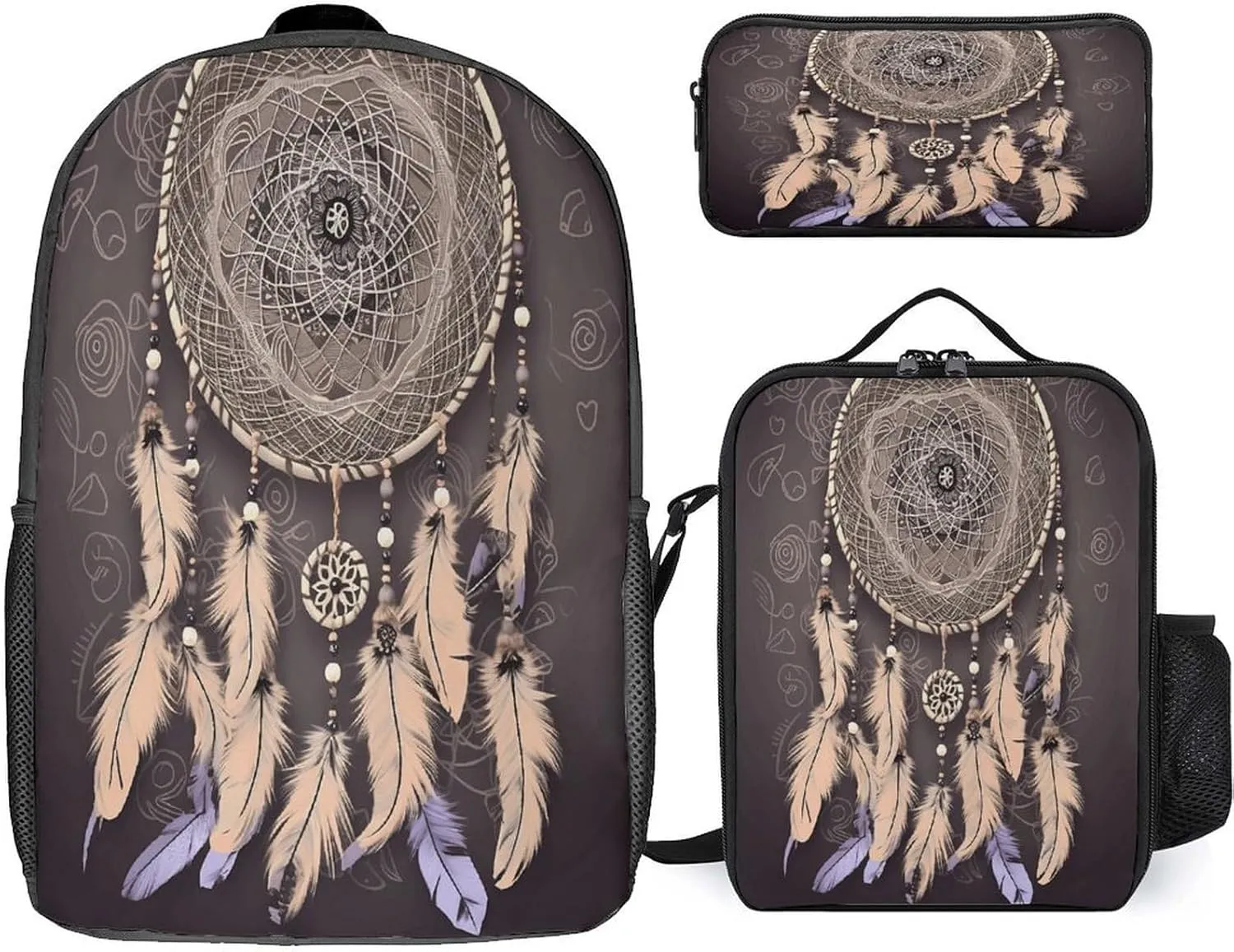 3 in 1 Backpack Set Dream Catcher Print Casual Backpack Set Small Cosmetic Bag Travel Daypack Crossbody Lunch Bag Coin Purse Set