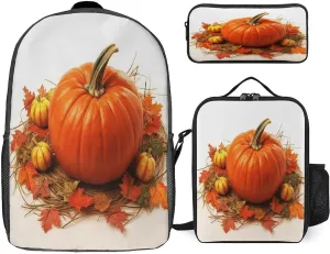 3 in 1 Backpack Set Fall Pumpkin Print Casual Backpack Set Small Cosmetic Bag Travel Daypack Crossbody Lunch Bag Coin Purse Set