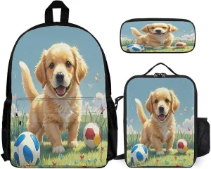 3 in 1 Backpack Set Lawn And Dog Print Casual Backpack Set Small Cosmetic Bag Travel Daypack Crossbody Lunch Bag Coin Purse Set