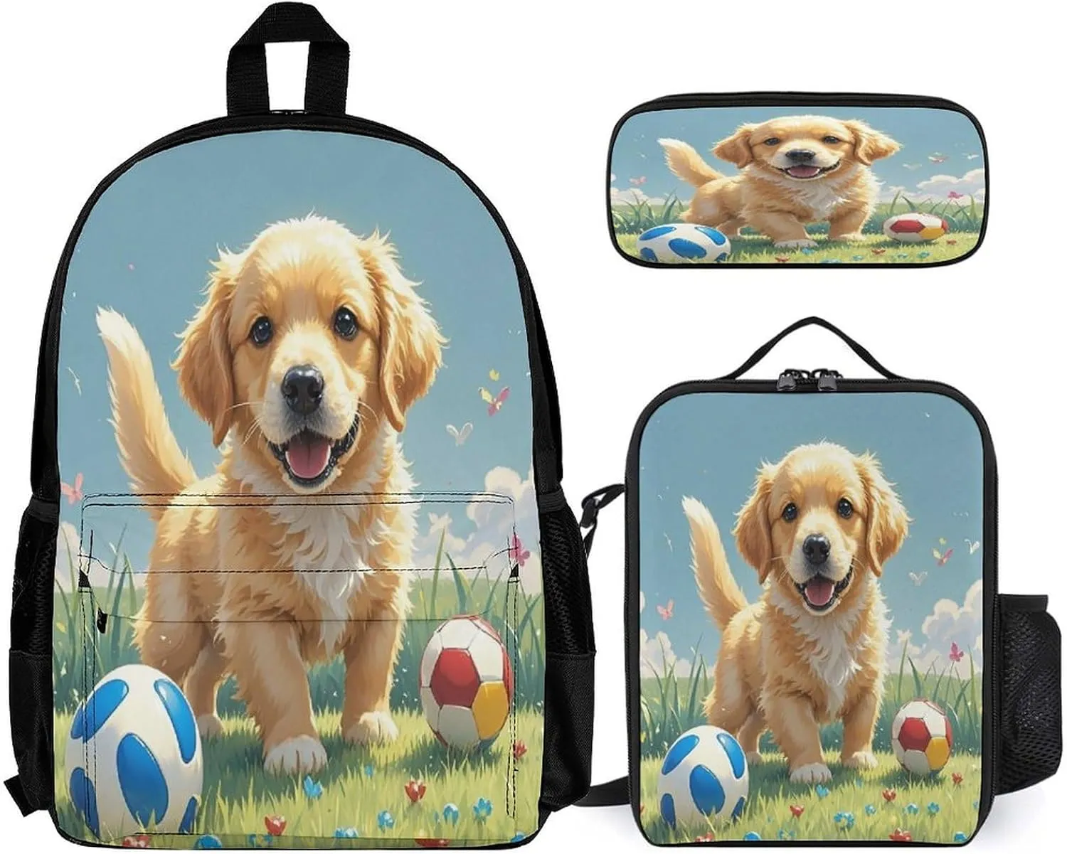 3 in 1 Backpack Set Lawn And Dog Print Casual Backpack Set Small Cosmetic Bag Travel Daypack Crossbody Lunch Bag Coin Purse Set