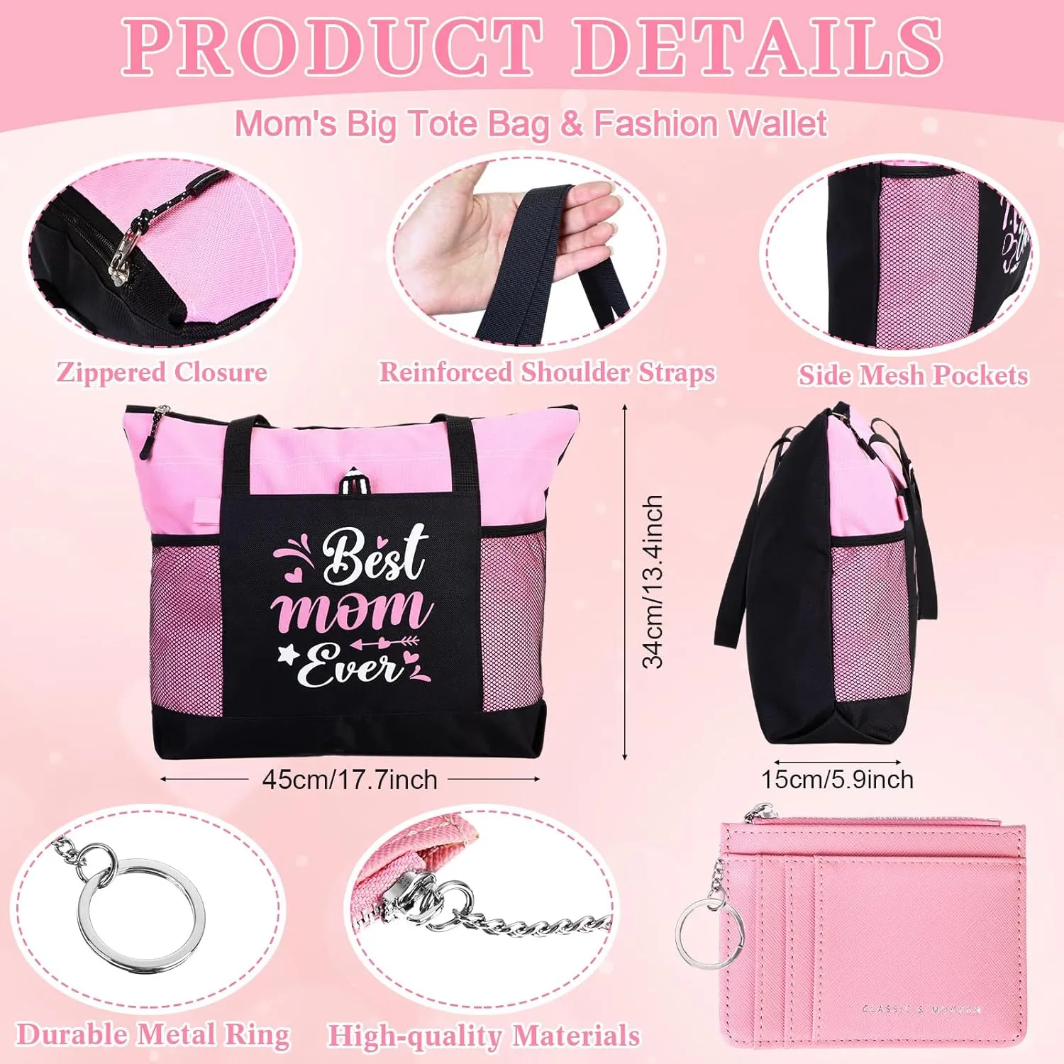 3 Pcs Gifts for Mom from Daughter Son Best Mom Ever Zippered Tote Bag