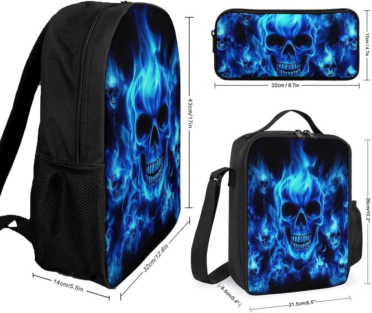 3 Pcs Skull Blue Flame Backpack Set with Insulated Lunch Bag Pencil Case 17 Inch Large Capacity Bookbag Daypack Pencil Pen Bag