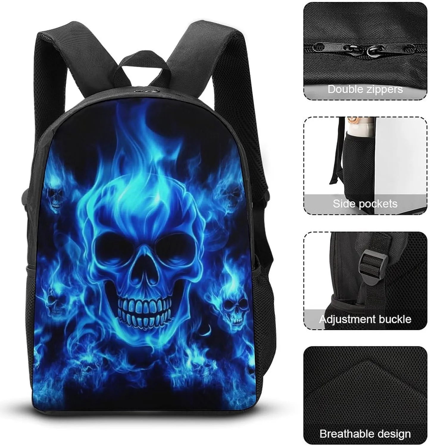 3 Pcs Skull Blue Flame Backpack Set with Insulated Lunch Bag Pencil Case 17 Inch Large Capacity Bookbag Daypack Pencil Pen Bag