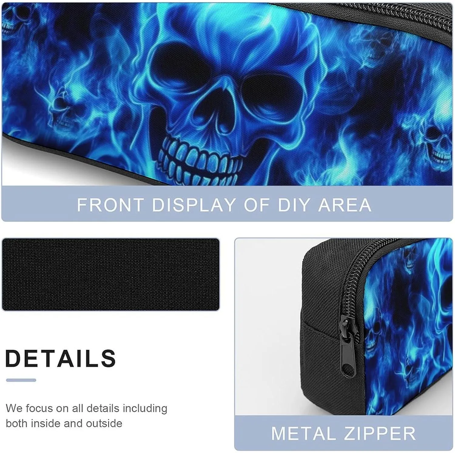 3 Pcs Skull Blue Flame Backpack Set with Insulated Lunch Bag Pencil Case 17 Inch Large Capacity Bookbag Daypack Pencil Pen Bag