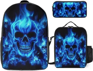 3 Pcs Skull Blue Flame Backpack Set with Insulated Lunch Bag Pencil Case 17 Inch Large Capacity Bookbag Daypack Pencil Pen Bag