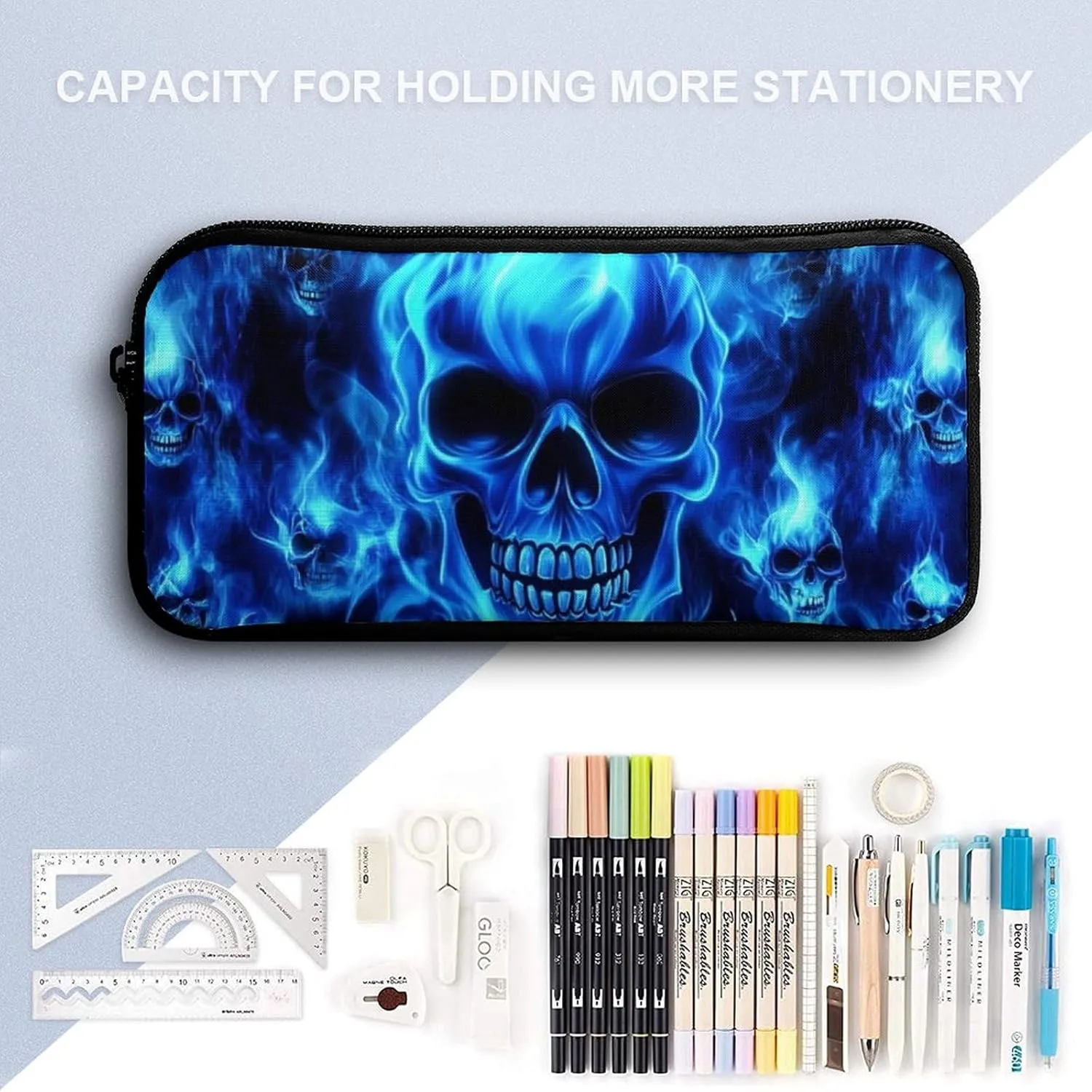 3 Pcs Skull Blue Flame Backpack Set with Insulated Lunch Bag Pencil Case 17 Inch Large Capacity Bookbag Daypack Pencil Pen Bag