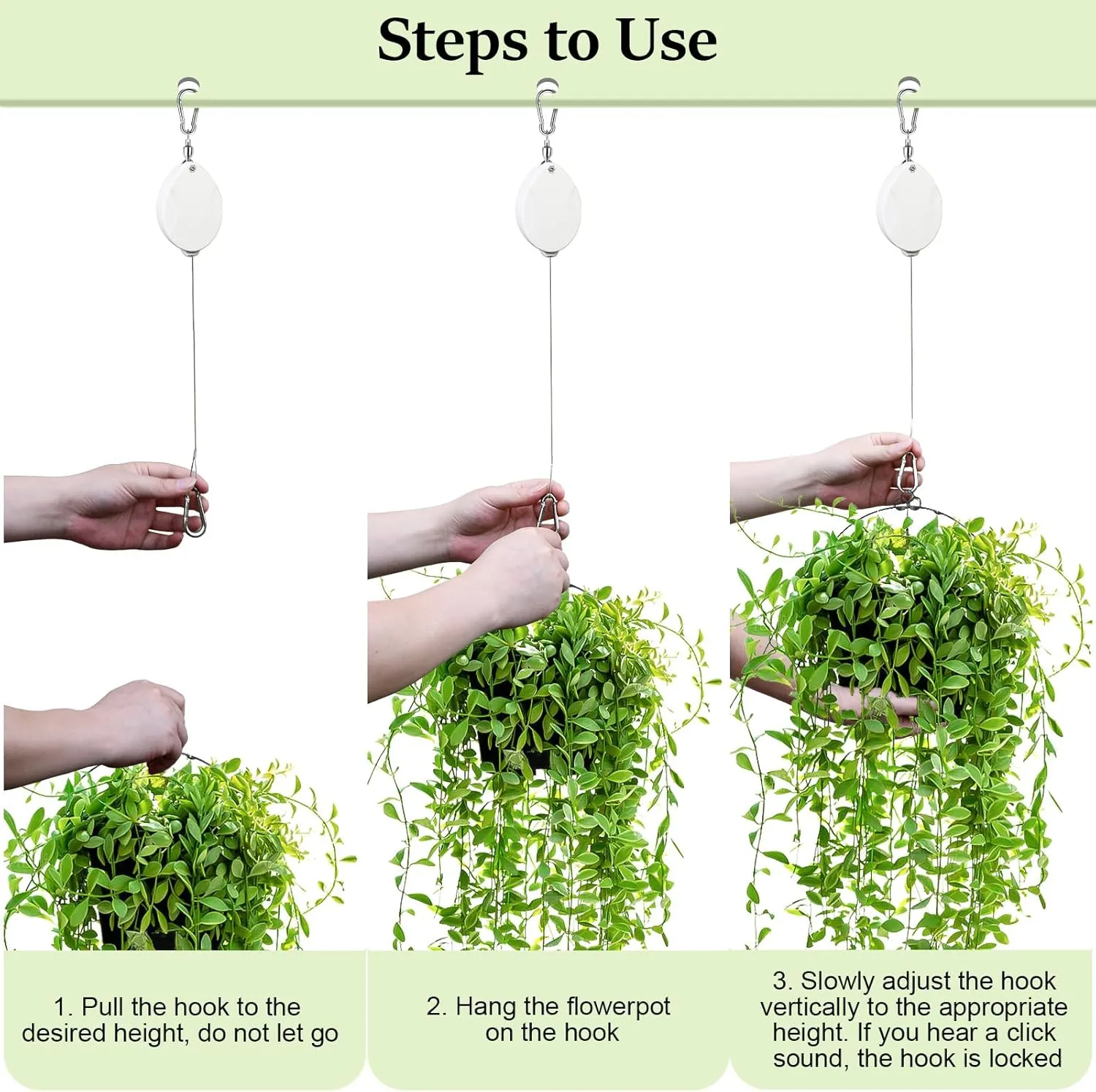 3 Pcs Upgraded Heavy Duty Retractable Plant Hanger,Plant Pulleys for Hanging Plants,Easy to Raise and Lower,Auto Lock,Adjustable Hook for Garden Baskets Pots,Birds Feeder and Grow Lights,White