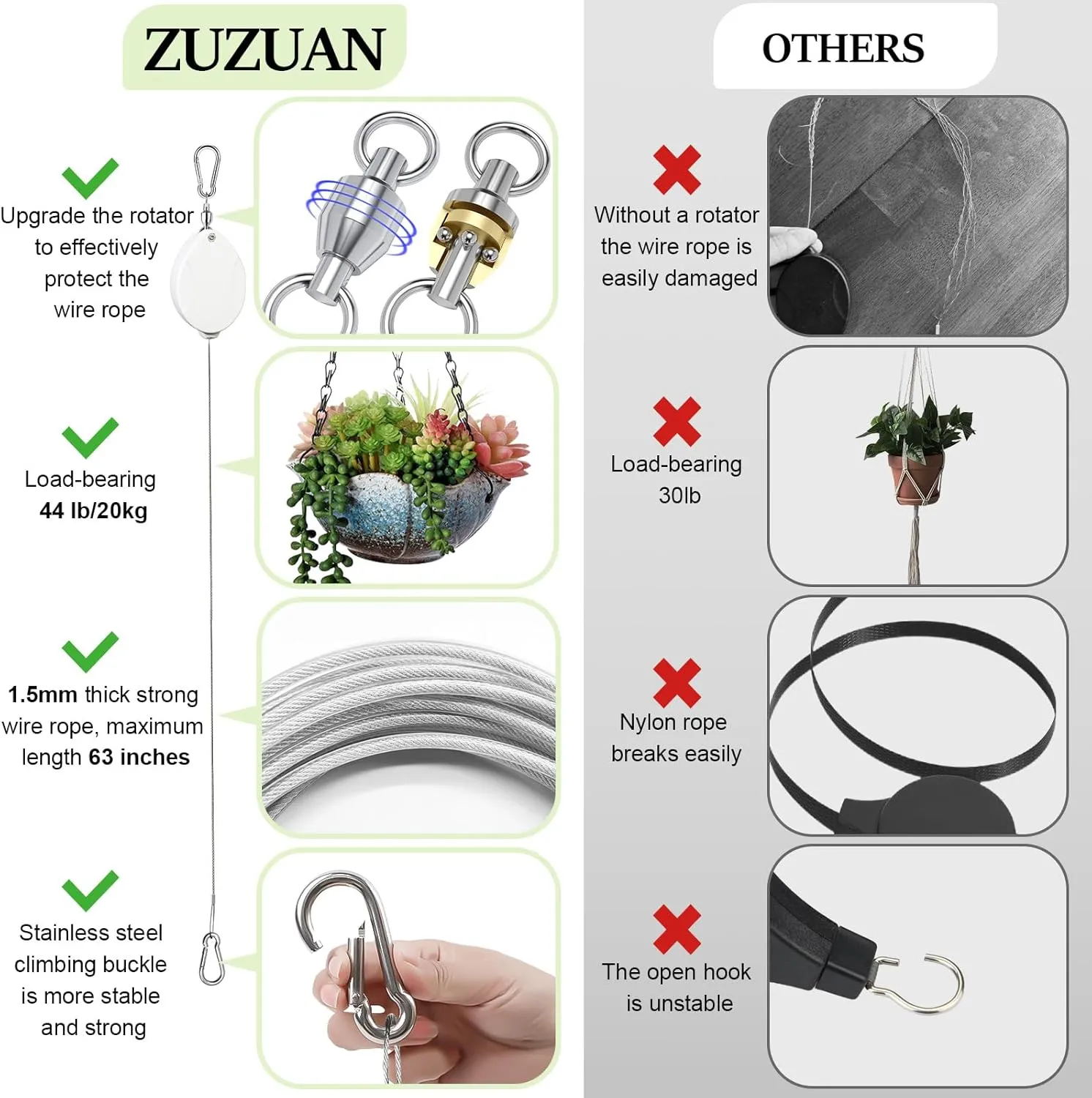 3 Pcs Upgraded Heavy Duty Retractable Plant Hanger,Plant Pulleys for Hanging Plants,Easy to Raise and Lower,Auto Lock,Adjustable Hook for Garden Baskets Pots,Birds Feeder and Grow Lights,White
