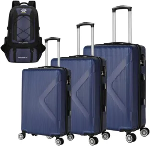 3-Piece Hard Shell Luggage Set - Airline Approved Carry-On Suitcase with 4-Wheel Spinners, Password Lock & Bonus Hiking Bag for Long & Short Distance Travel (Blue   ABS)