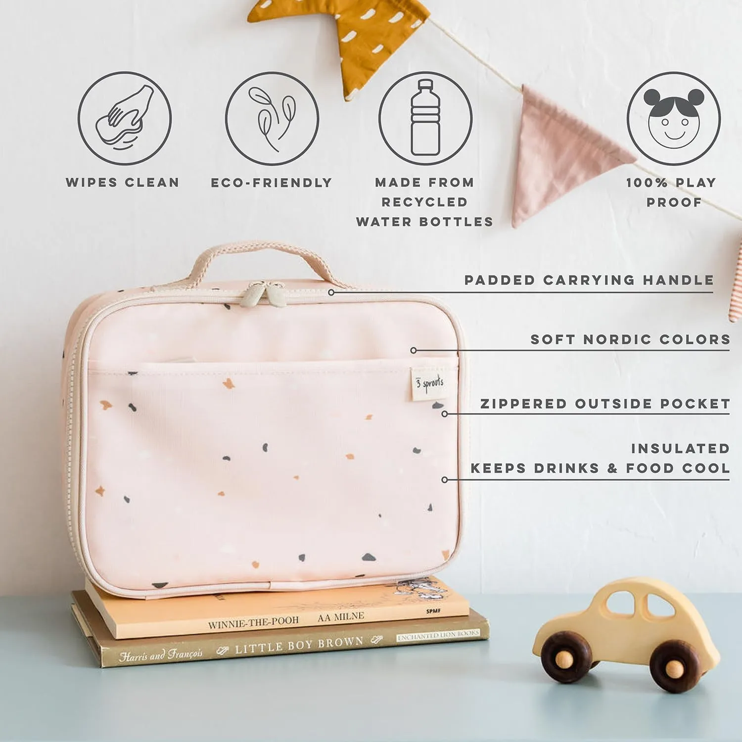 3 Sprouts Recycled Fabric Kids Lunch Bag in Terrazzo Sand – Insulated, Water-Resistant for Children Ages 3 