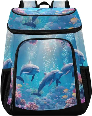 36 Cans Cooler Backpack Ocean Dolphins Insulated Backpack Cooler Bag Leakproof Lunch Backpacks for Beach Picnic Trip Hiking Camping